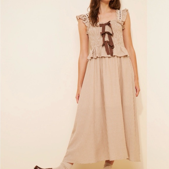 Moon River Dresses & Skirts - 🤎Moon River Gingham Bow Midi Dress, Size M NWT
